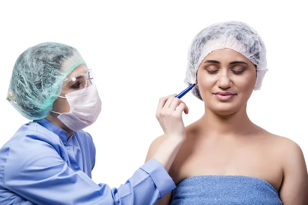 Young woman preparing for plastic surgery isolated on white — Stock Photo, Image