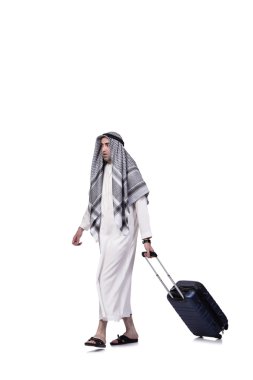Arap adam çanta seyahat kavram üzerinde beyaz izole