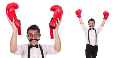 Beyaz arka planda izole edilmiş komik boksör