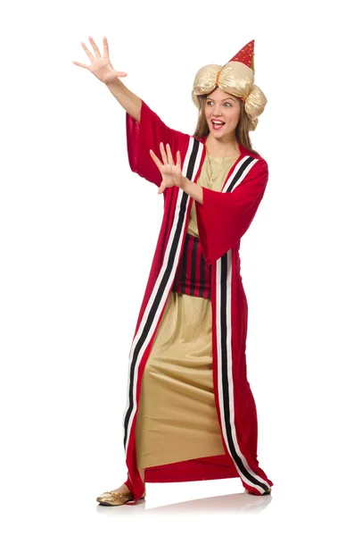 Чарівник-жінка в червоному одязі ізольовано на білому — стокове фото