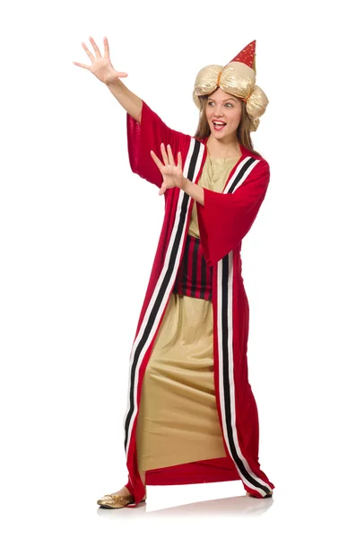 De wizard van de vrouw in rode kleding op wit wordt geïsoleerd — Stockfoto