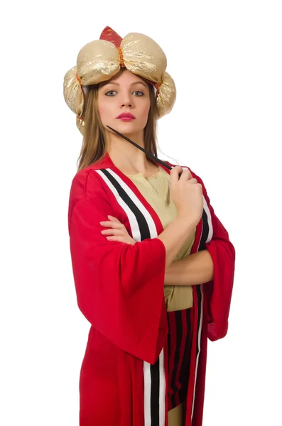 Woman wizard in red clothing isolated on white — Stock Photo, Image