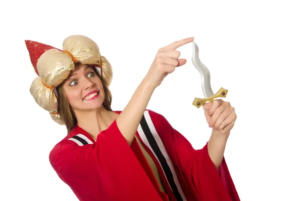 Magicien femme en vêtements rouges isolé sur blanc — Photo