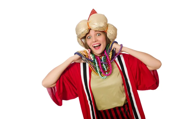 De wizard van de vrouw in rode kleding op wit wordt geïsoleerd — Stockfoto