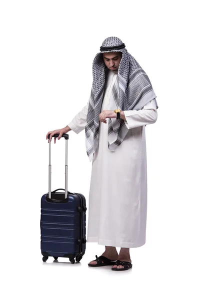 Homme arabe avec valise en concept de voyage isolé sur blanc — Photo