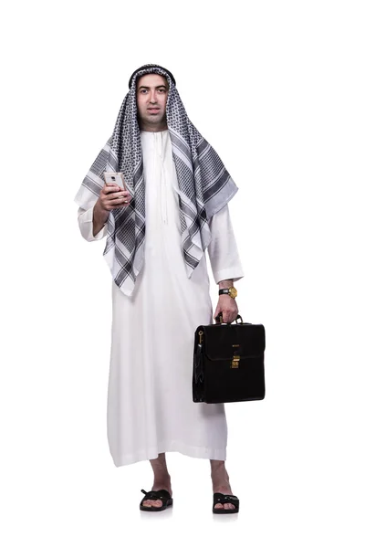 Arab człowiek z jego telefonu komórkowego na białym tle — Zdjęcie stockowe