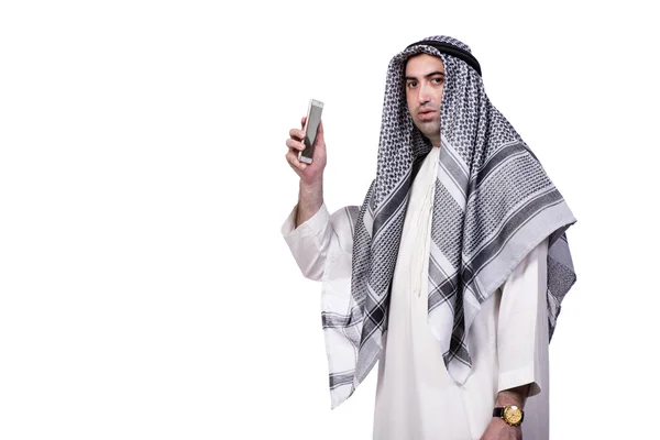 Arabiska mannen med sin mobiltelefon isolerad på vit — Stockfoto