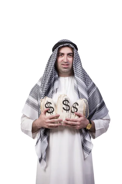 アラブ人男とともにお金袋隔離上の白 — ストック写真