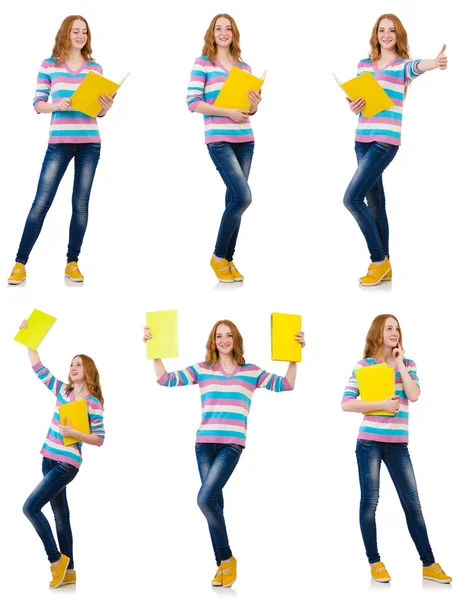 Joven estudiante con libros aislados en blanco — Foto de Stock