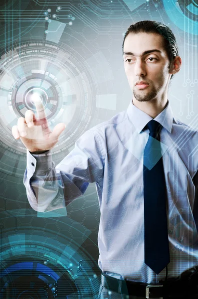 Uomo d'affari premendo pulsanti virtuali nel concetto futuristico — Foto Stock