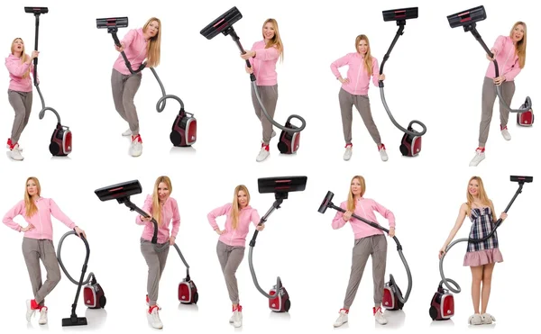 Young woman with vacuum cleaner on white — Stock Photo, Image