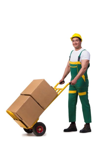 Homem em movimento caixas isoladas no fundo branco — Fotografia de Stock