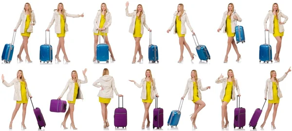 Woman preparing for vacation with suitcase on white — Stock Photo, Image