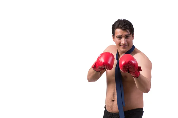 Empresario desgarrado con guantes de boxeo aislados en blanco — Foto de Stock