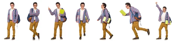 Collage eines Schülers mit Rucksack auf weiß — Stockfoto