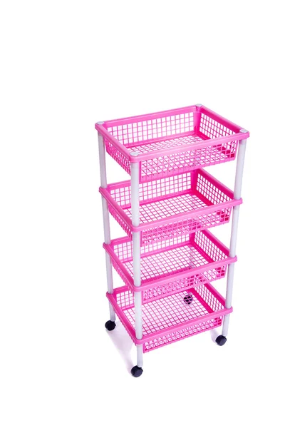 Prateleira de rack bin rosa com rodas isoladas em branco — Fotografia de Stock