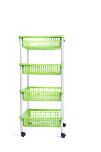 Green bin rack shelf with wheels isolated on white — Stock Photo, Image