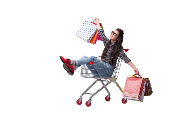 Young woman happer after shopping isolated on white — Stock Photo, Image