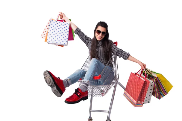 Jovem mulher feliz depois de fazer compras isolado no branco — Fotografia de Stock