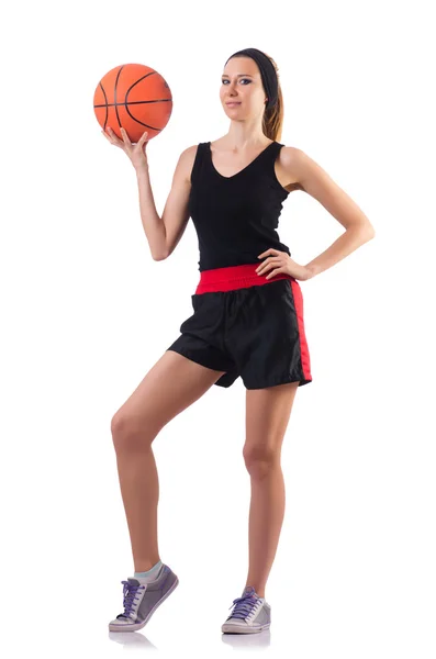 Vrouw spelen basketbal geïsoleerd op wit — Stockfoto