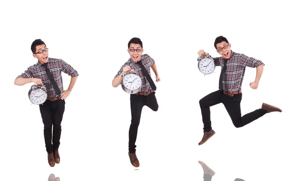 Jeune homme avec horloge isolé sur blanc — Photo