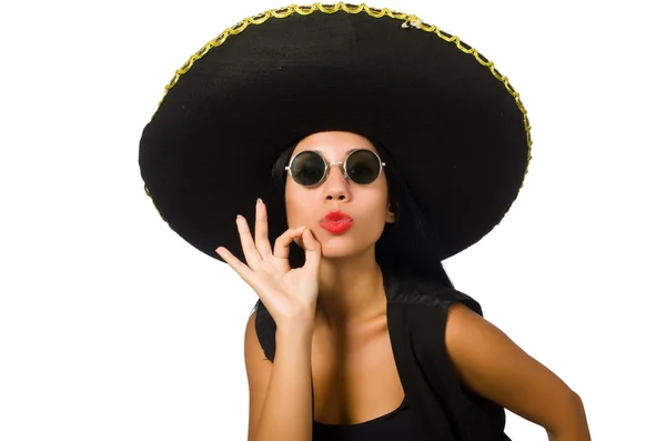 Junge mexikanische Frau trägt Sombrero isoliert auf weiß — Stockfoto