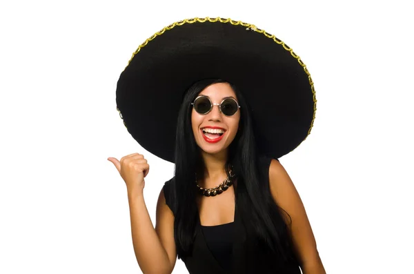 Beyaz izole sombrero giyen genç Meksikalı kadın — Stok fotoğraf