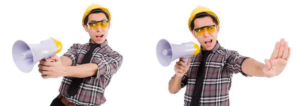 Joven trabajador de la construcción con altavoz aislado en blanco —  Fotos de Stock