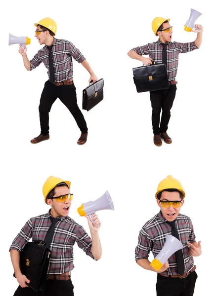 Joven trabajador de la construcción con altavoz aislado en blanco —  Fotos de Stock