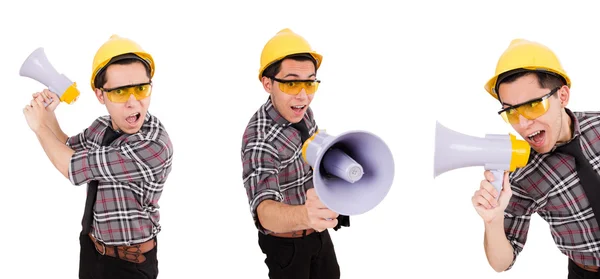 Young construction worker with loudspeaker isolated on white — Stock Photo, Image