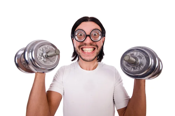 Funny guy mit dumbbels auf weiß — Stockfoto