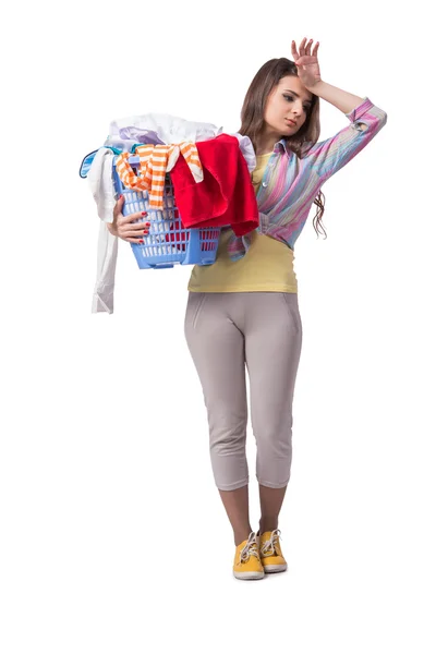 Woman tired after doing laundry isolated on white — Stock Photo, Image