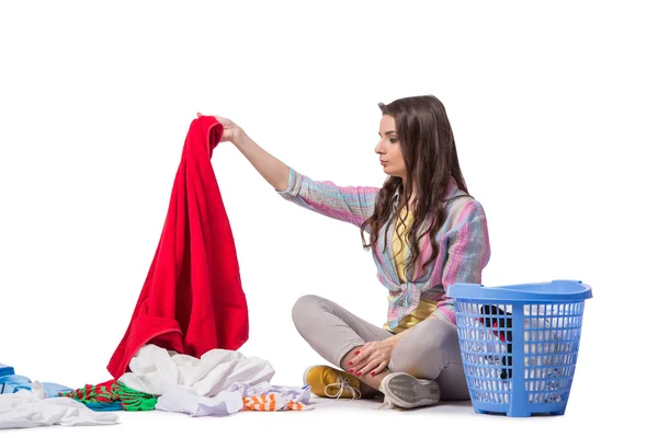 Mulher cansada depois de lavar a roupa isolada no branco — Fotografia de Stock