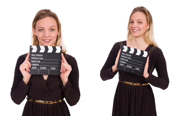 Ragazza vestito marrone tenendo clapperboard isolato su bianco — Foto Stock