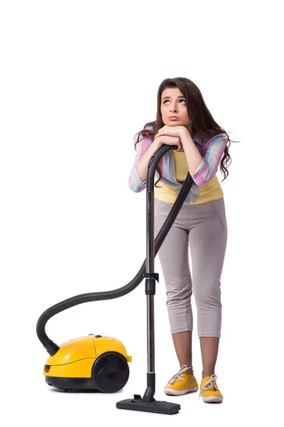 Woman with vacuum cleaner isolated on white — Stock Photo, Image
