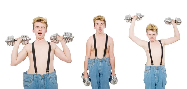 Collage de hombre divertido con mancuernas en blanco —  Fotos de Stock