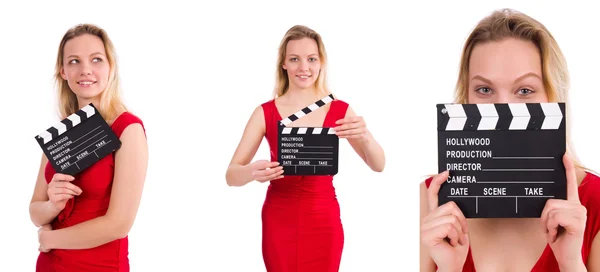 Röd klänning flicka håller clapboard isolerad på vit — Stockfoto