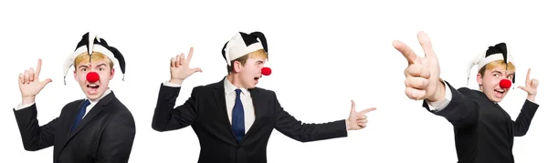 Collage di clown uomo d'affari isolato su bianco — Foto Stock