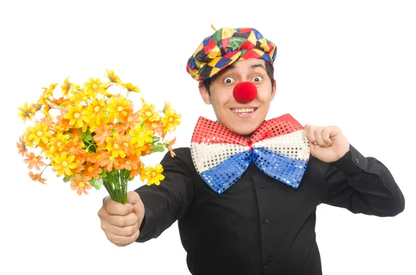 Buffo clown con fiori isolati su bianco — Foto Stock