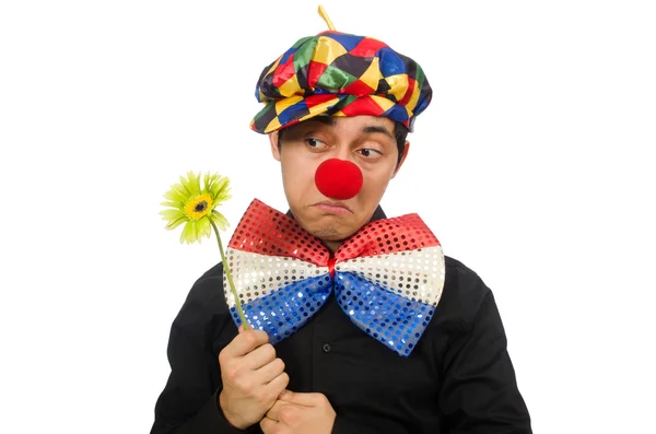 Buffo clown con fiori isolati su bianco — Foto Stock