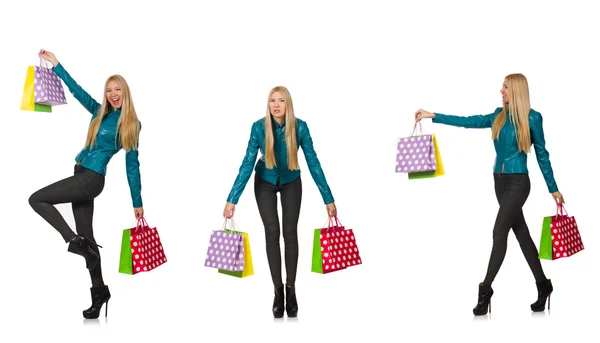 Mujer con bolsas aisladas en blanco —  Fotos de Stock