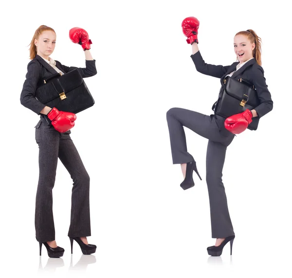 Mujer mujer de negocios con guantes de boxeo en blanco —  Fotos de Stock