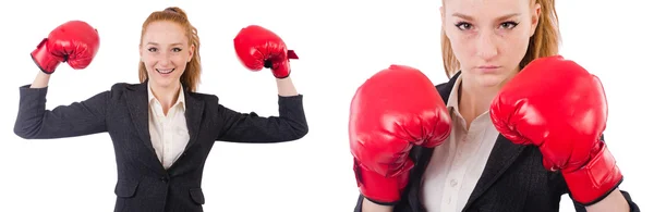 Mulher empresária com luvas de boxe em branco — Fotografia de Stock