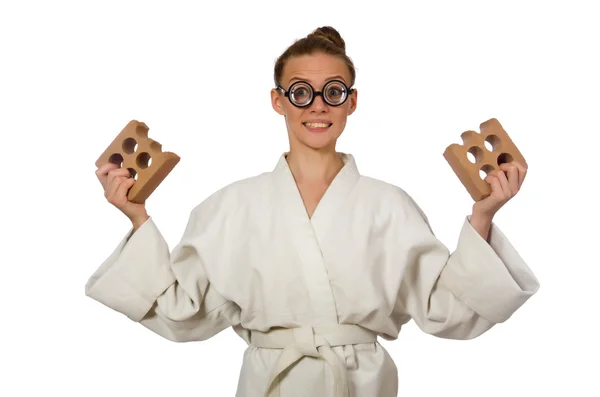 Femme drôle en kimono avec brique sur blanc — Photo