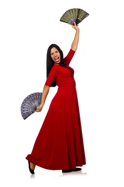 Woman in red dress with fan isolated on white — Stock Photo, Image