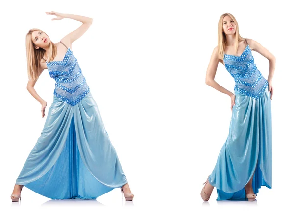 Atractiva mujer en vestido azul sobre blanco —  Fotos de Stock