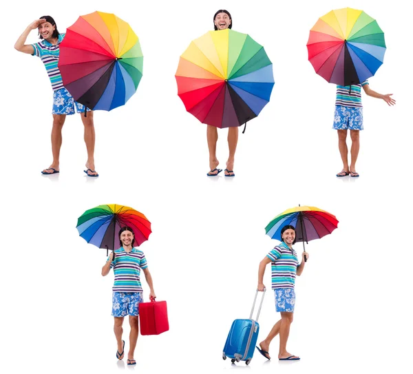 携带红色手提箱和雨伞隔离在白色上的旅行者 — 图库照片