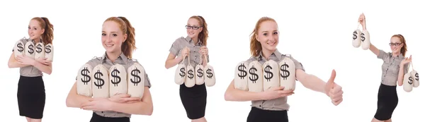 Kolaż młodej bizneswoman z workami na pieniądze na białym — Zdjęcie stockowe