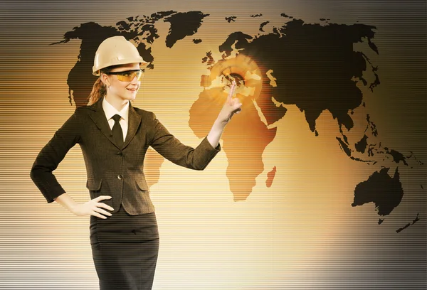 Trabalhadora da construção feminina no conceito de globalização — Fotografia de Stock