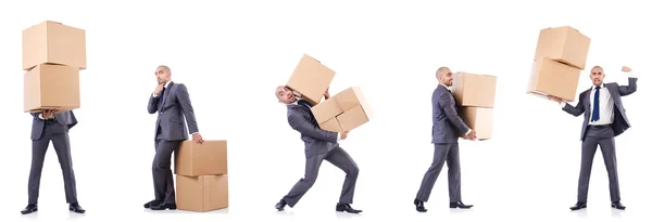 Collage of photos with man and boxes — Stock Photo, Image